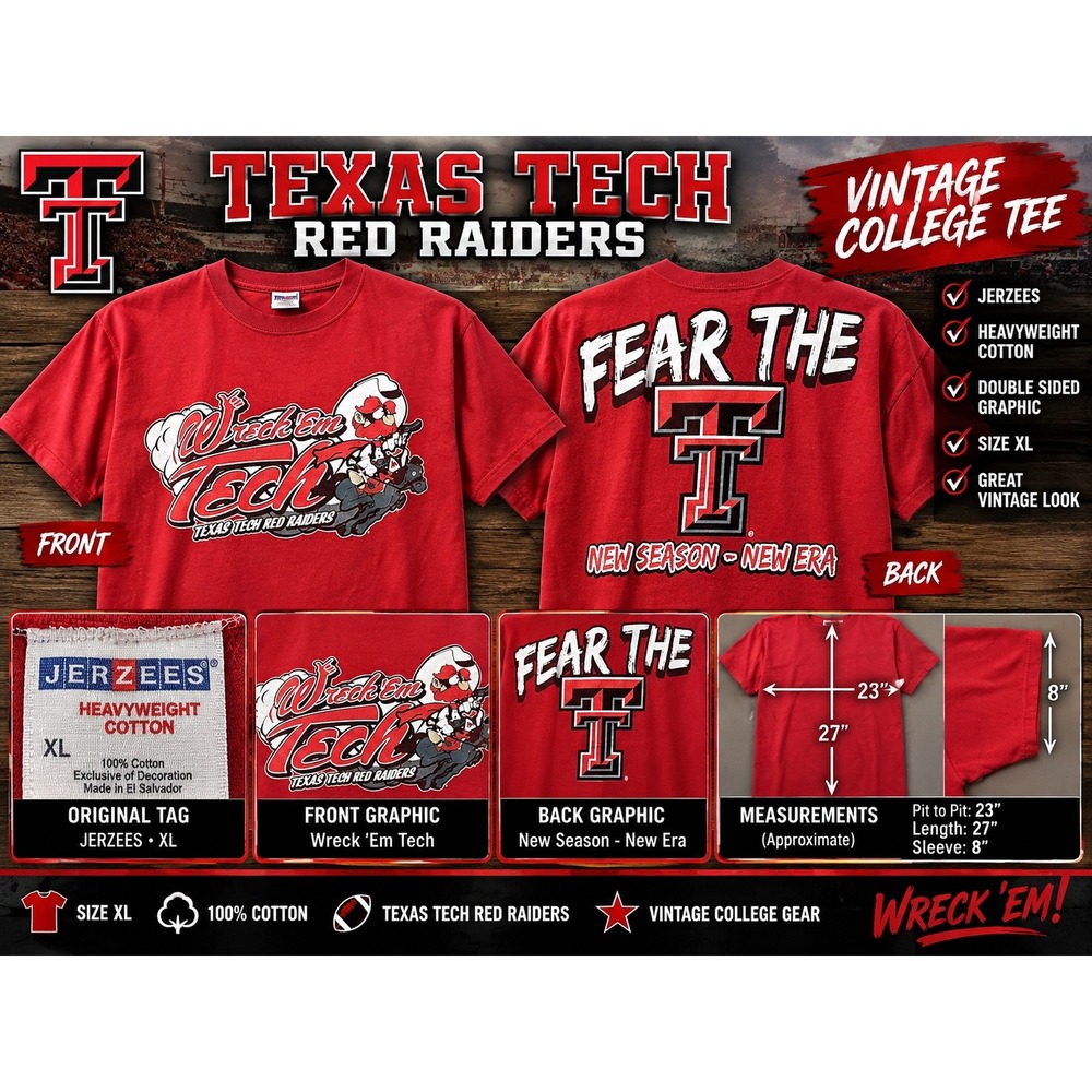 Vintage Texas Tech Red Raiders Jerzees T-Shirt XL Red Wreck Em Fear The T NCAA
